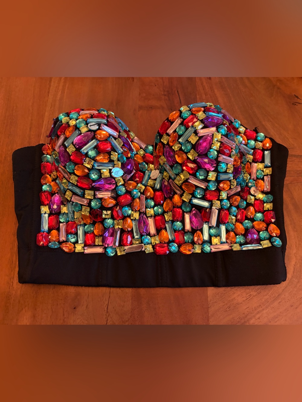Black Jeweled Bustier Crop Top with Multicolor Gem Accents